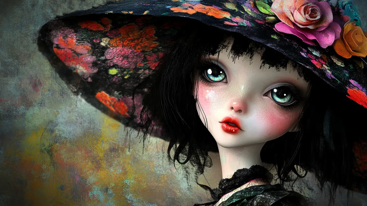 Ragazza bambola fata gotica con cappello oversize e outfit floreale
