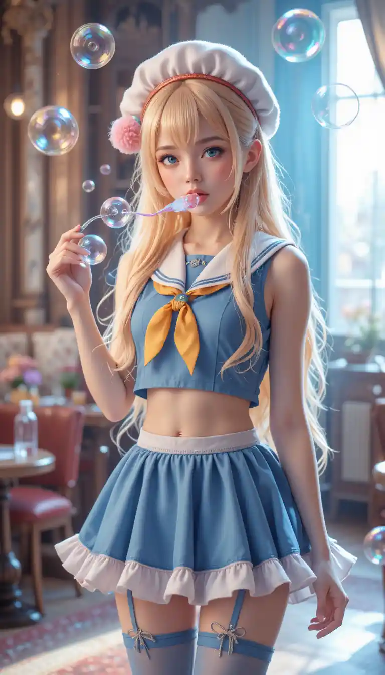 Blonde magical girl vlogger blowing bubbles indoors
