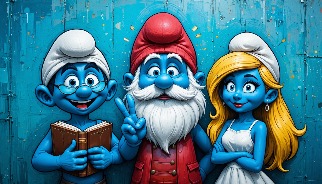 Three cheerful blue cartoon characters on turquoise background