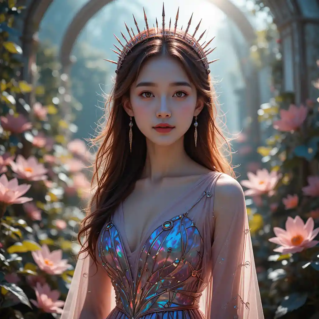 Korean celestial diplomat with neural crown in glowing garden