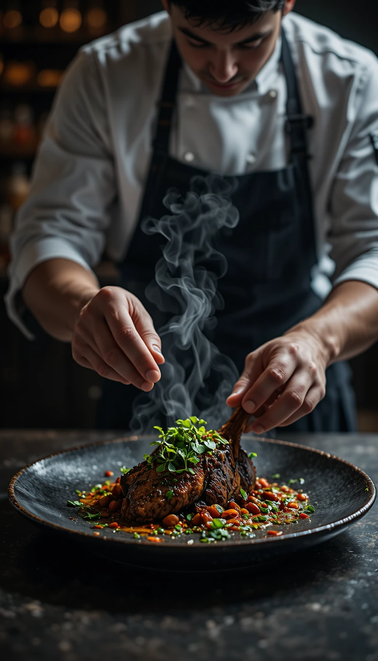 Chef garnishing steaming meat dish in moody kitchen