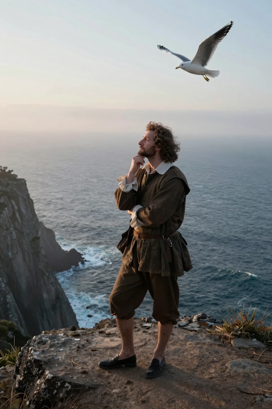 Thoughtful man on a windswept cliff at sunrise