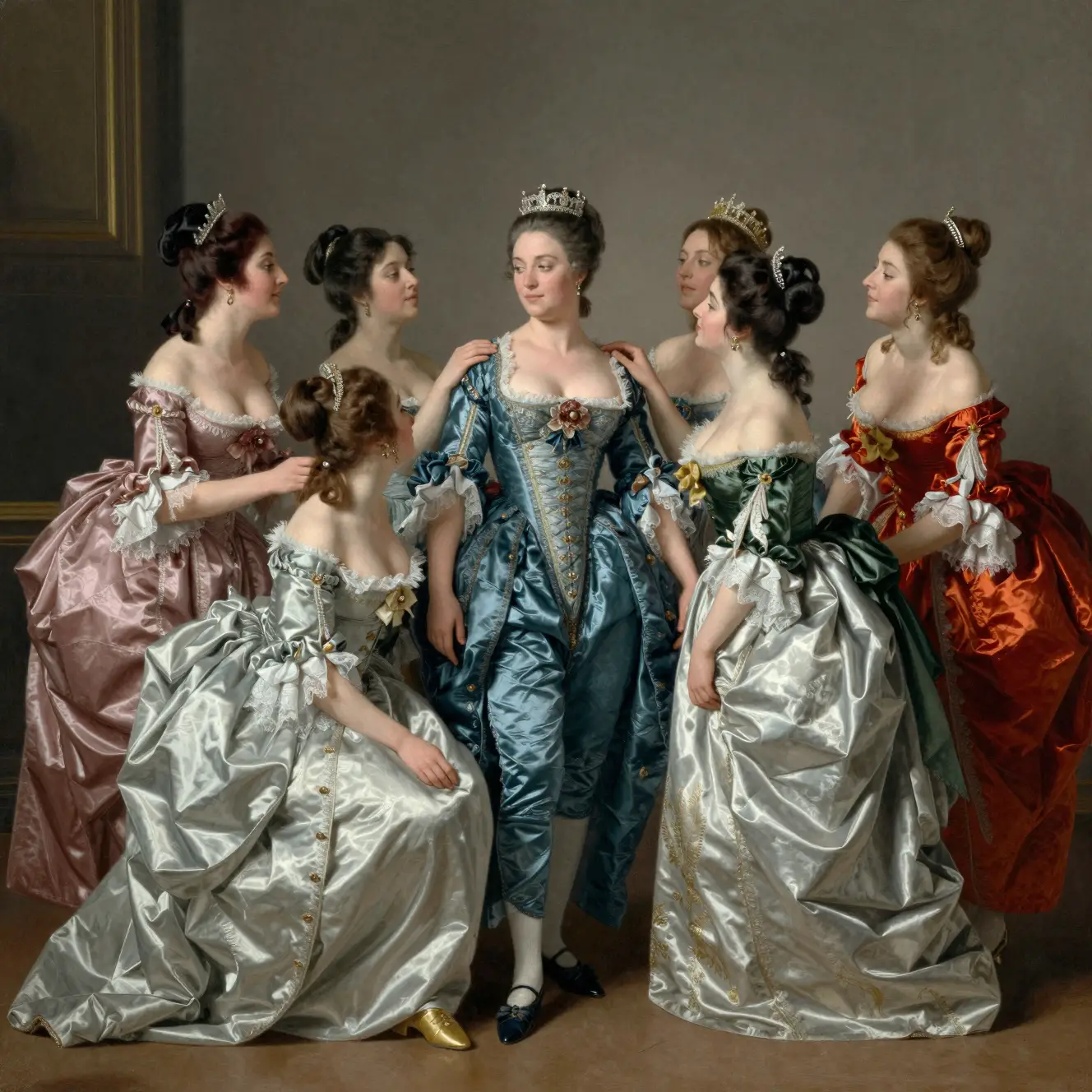 Elegant women dressing in a Louis XIV boudoir