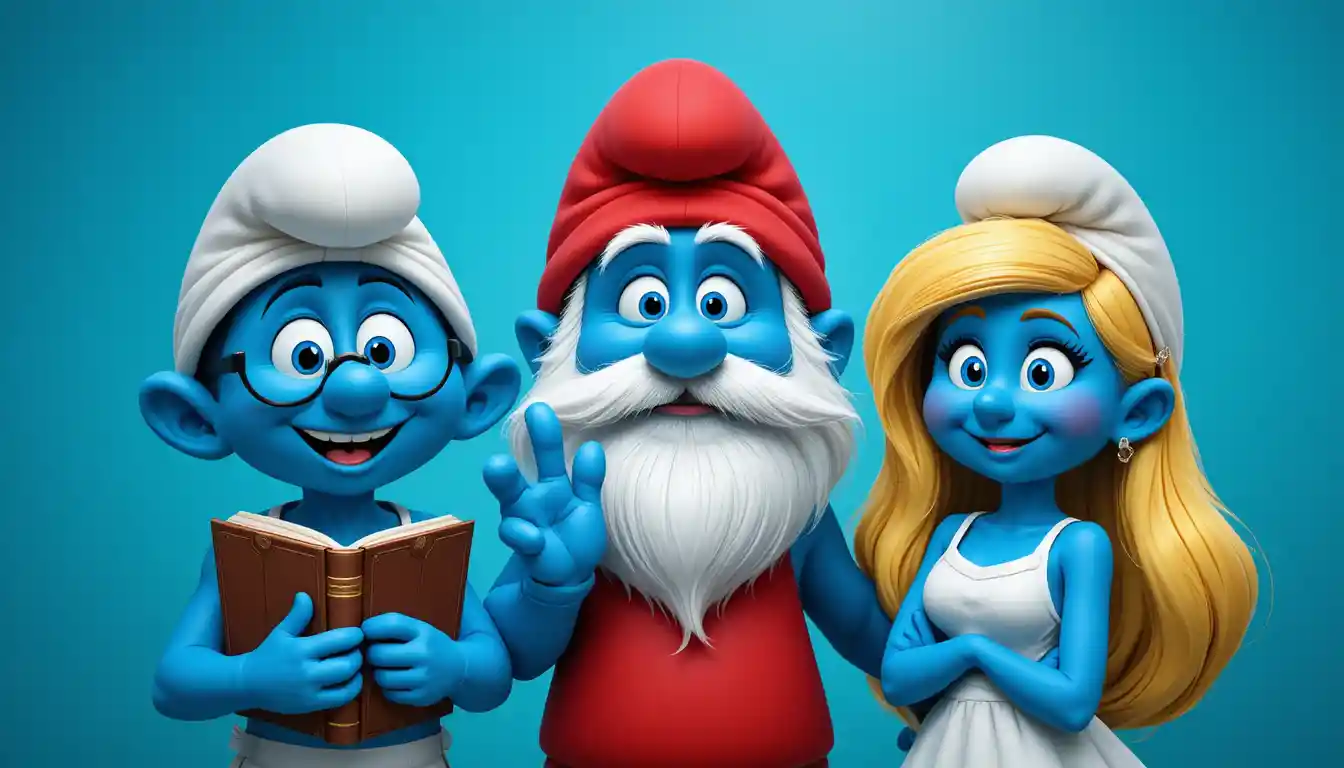 Tre simpatici personaggi dei cartoni animati blu su sfondo turchese