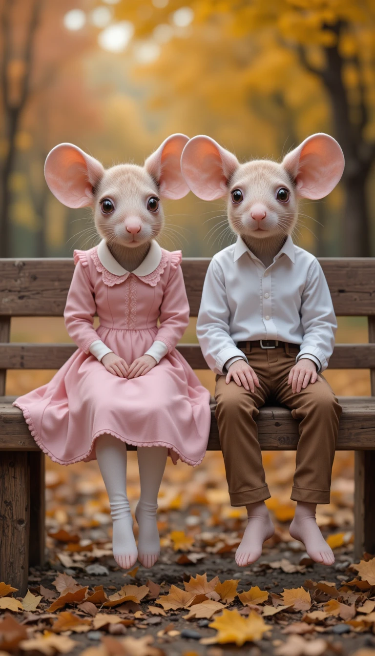 Two thoughtful mice sitting on a bench in autumn