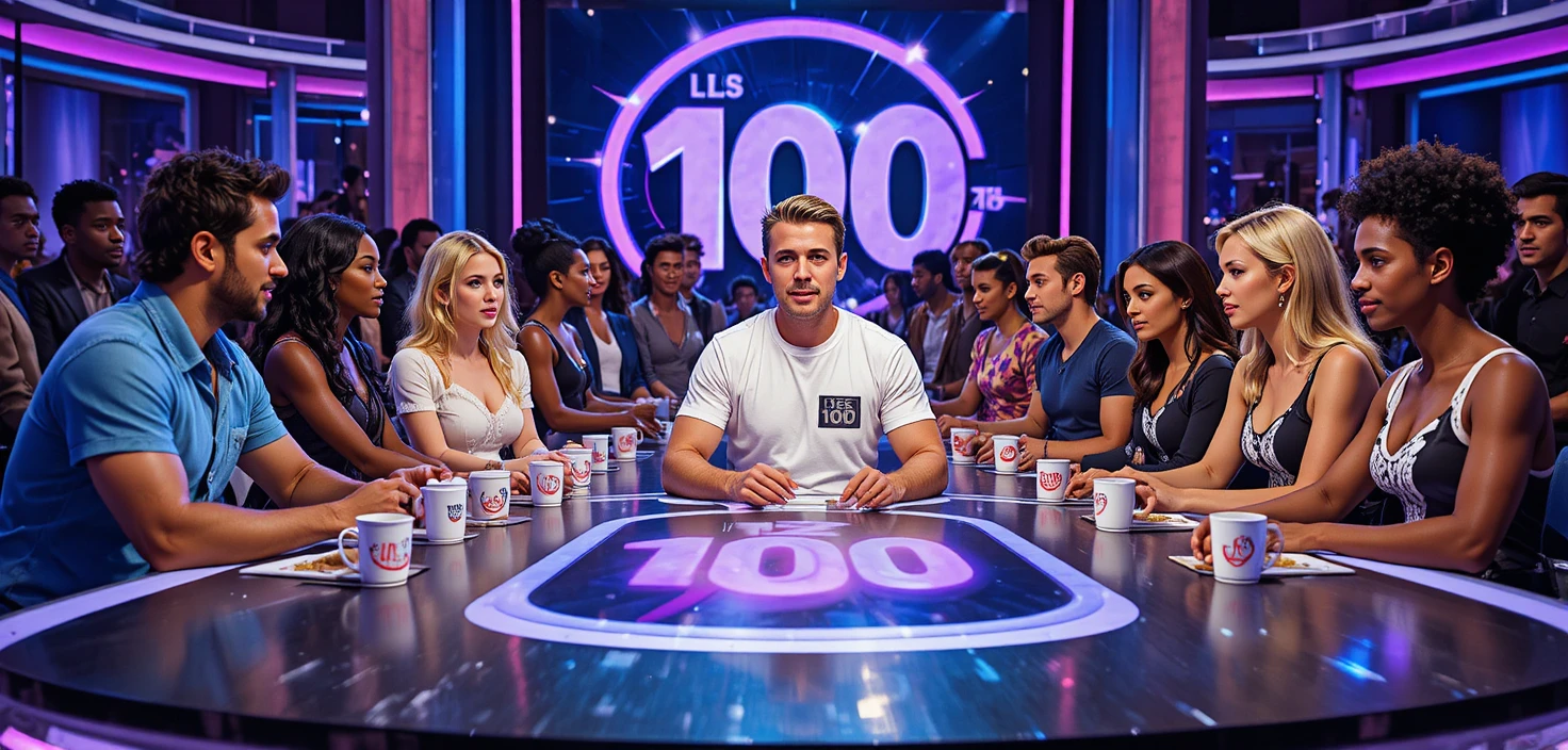 Diverse contestants seated around a game show studio table
