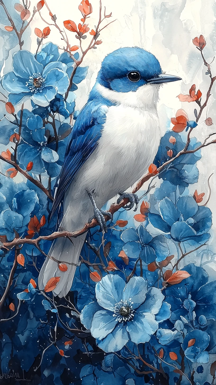 Light blue watercolor bird among ornate icy blossoms