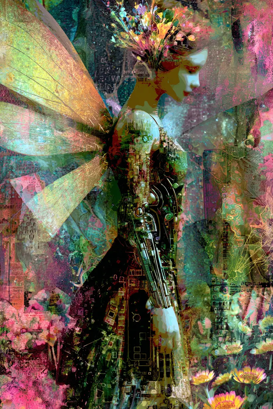 Abstract cyborg fae woman walking through a colorful garden