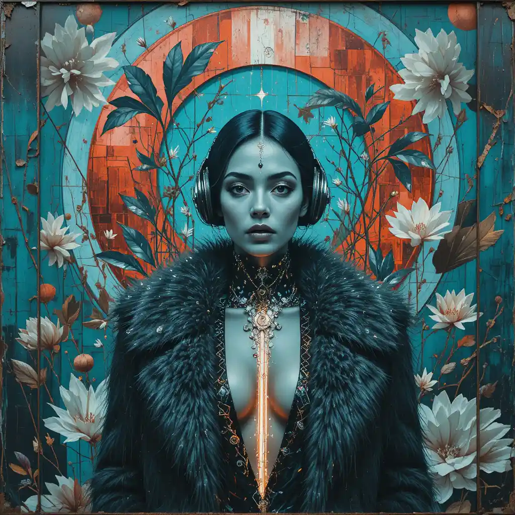 Retro futurist fashion woman on decayed urban billboard