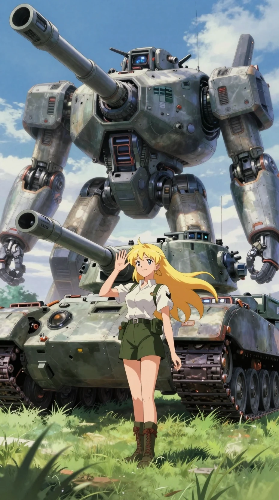 Futuristic anime tank with woman in sunny grassy field