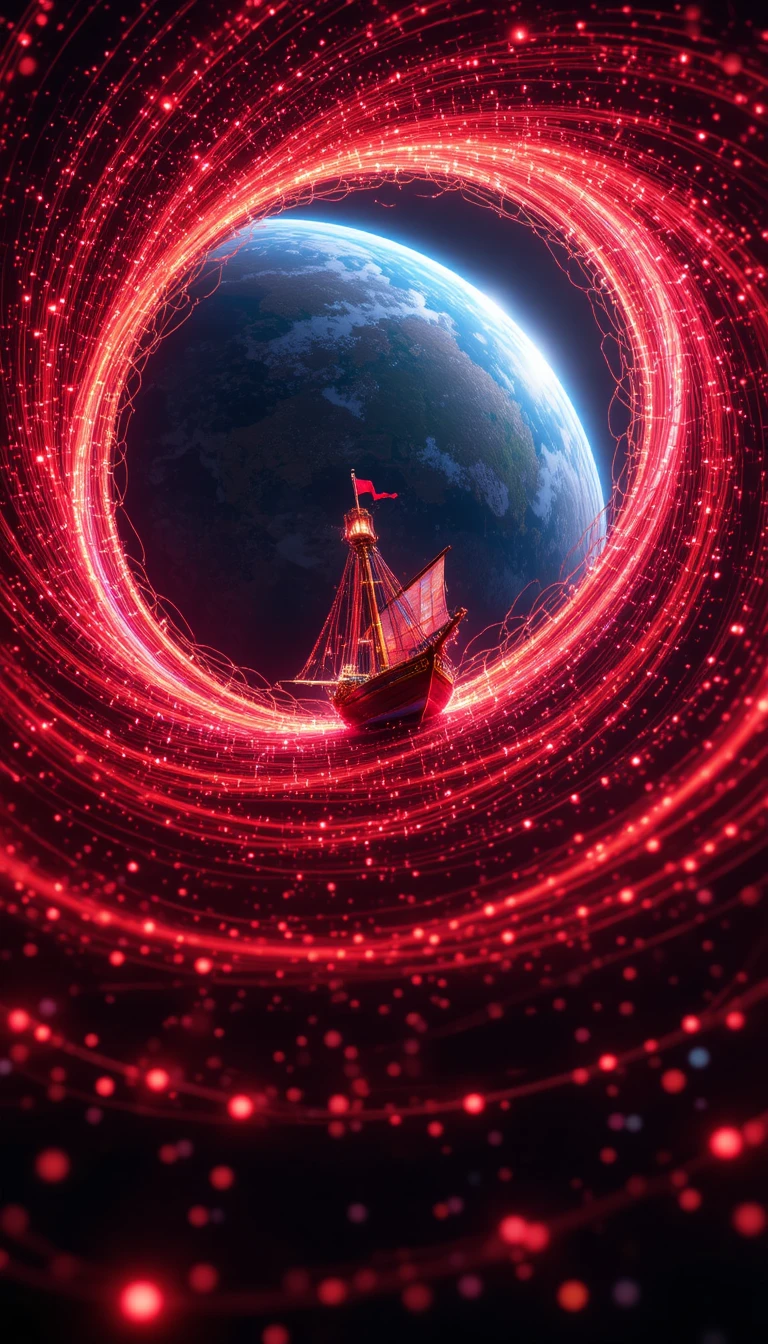 Sailboat Spiraling Through Red Lights Above Planet Earth