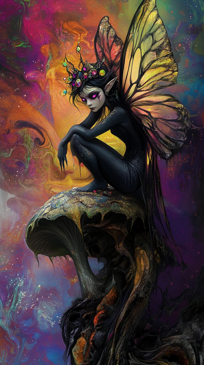 Dark faerie perched on a twisted mushroom in glowing colors