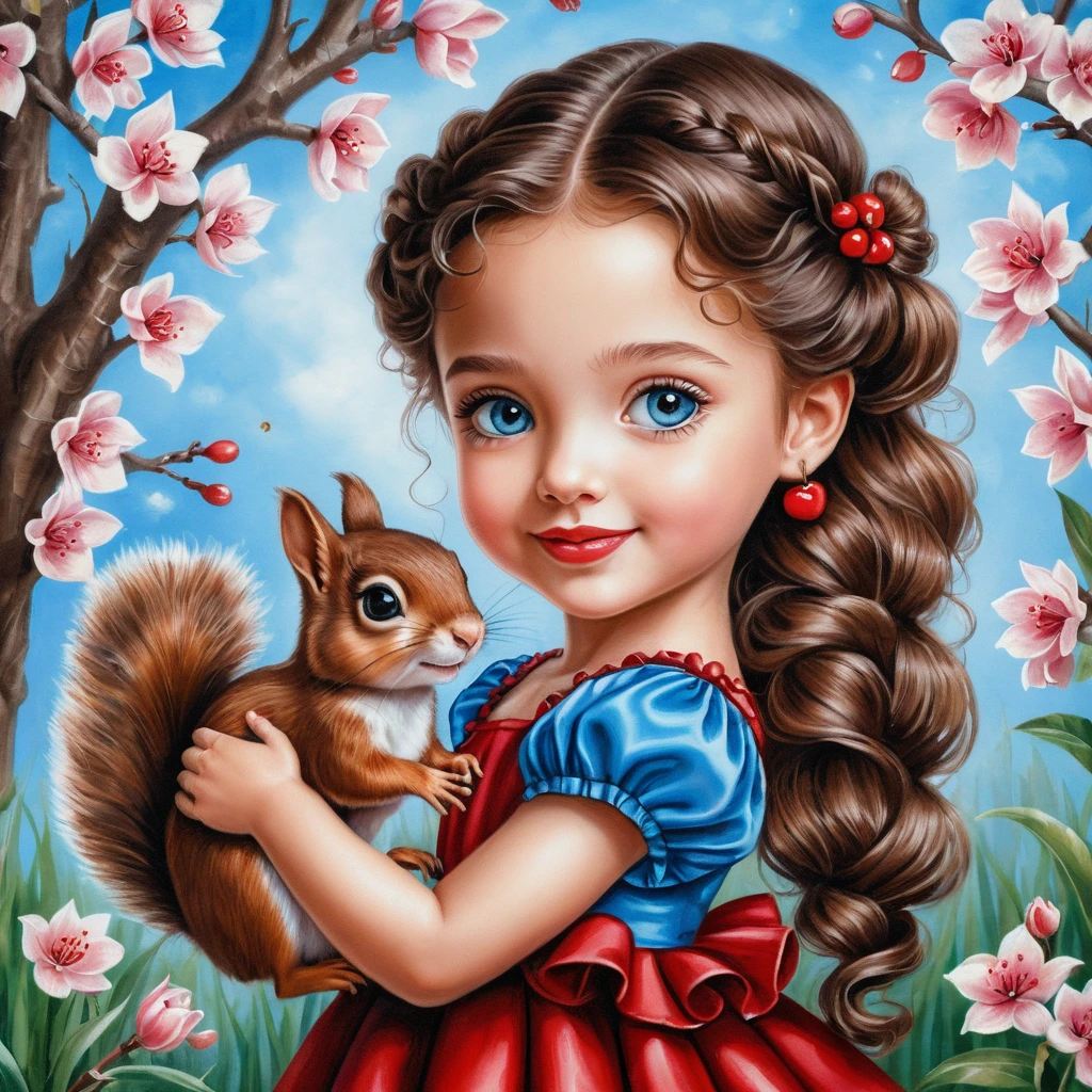 Smiling girl with squirrel in red dress portrait