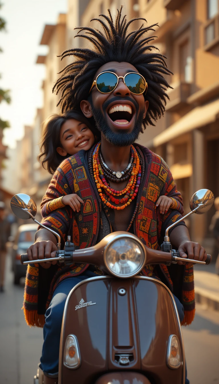 Elderly man laughing on scooter in 3D urban scene