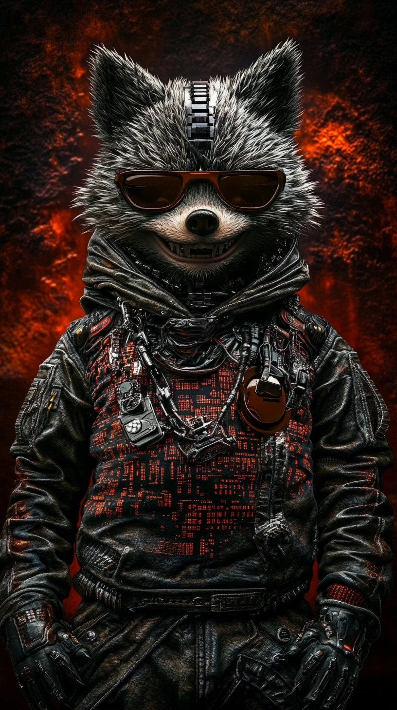 Friendly cyber creature in urban attire with cinematic glow