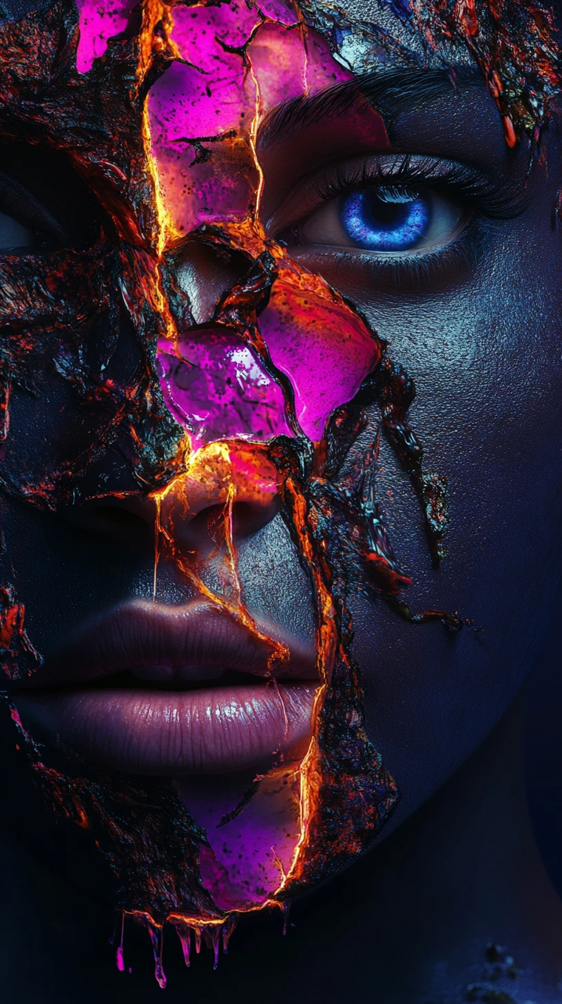 Surreal split portrait with glowing interior and intense gaze