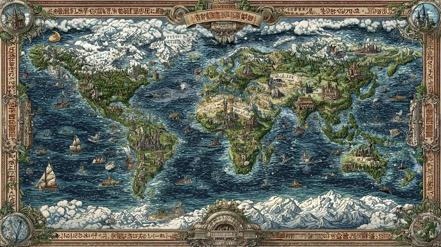 Colorful fantasy map of a detailed mythical continent