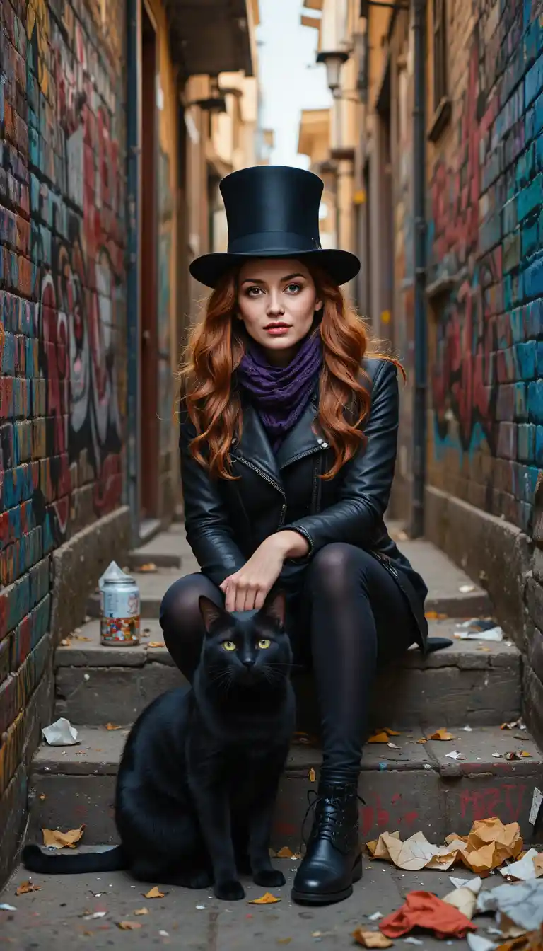 Donna contemplativa e gatto nero in un vicolo con graffiti