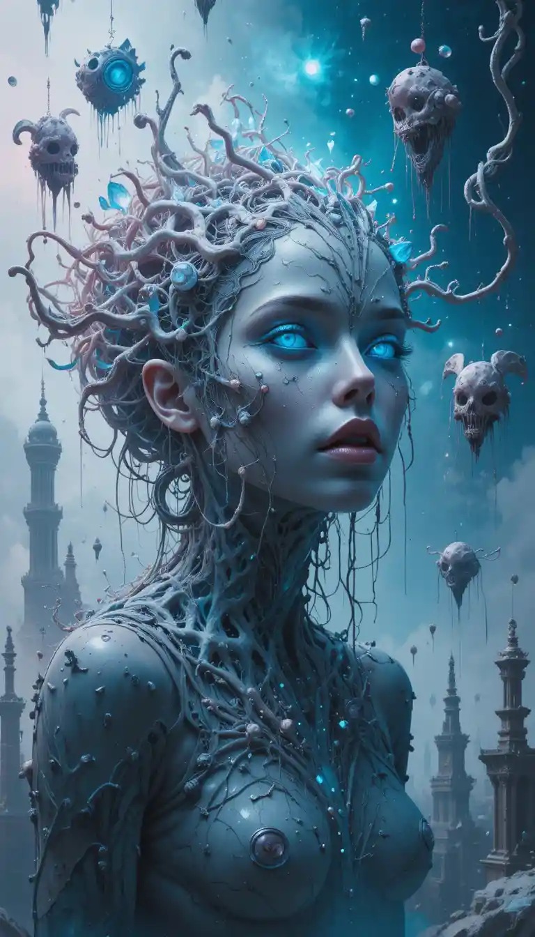 Surreales Monster mit halb menschlichem biomechanischem Gesicht