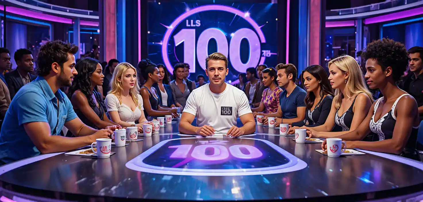 Vielfältige Kandidaten sitzen um einen Spielshow-Studiotisch