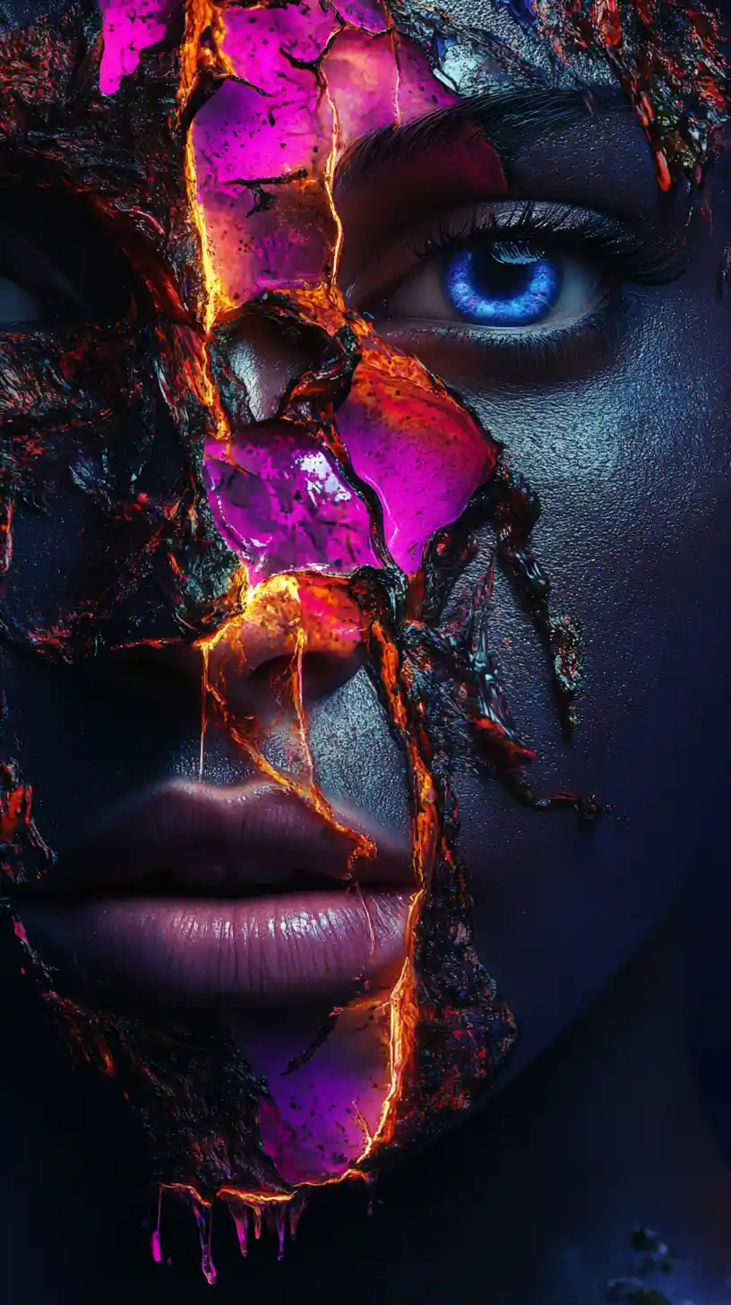 Surreal split portrait with glowing interior and intense gaze
