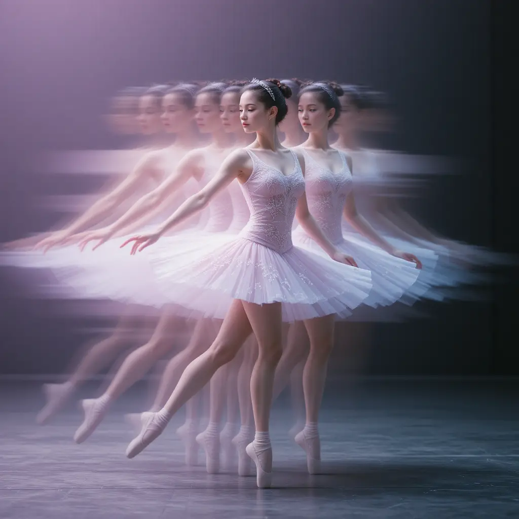 Ballet dancer in layered temporal motion echoes with soft colors