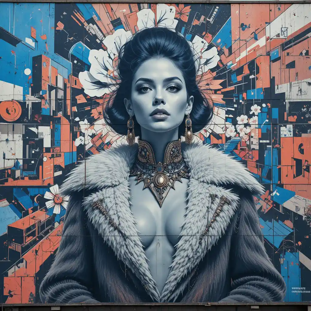 Retro fashion icon on chaotic urban billboard mural