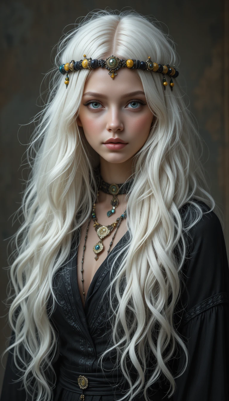 Minimalist portrait of a girl with white thick hair