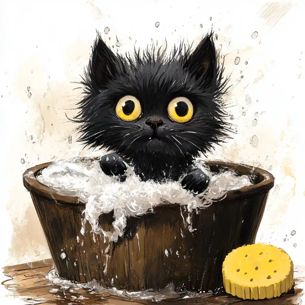 Black kitten in a wooden tub during a whimsical bath