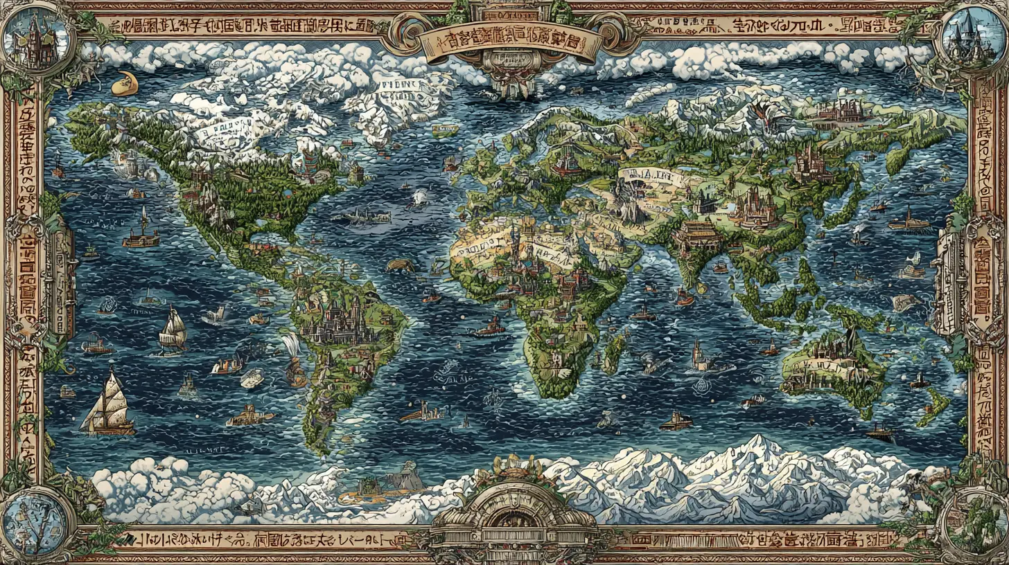 Colorful fantasy map of a detailed mythical continent