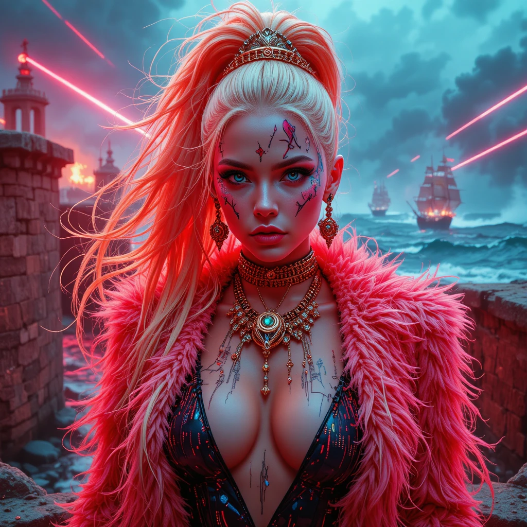 Regina pirata cyberpunk nel forte tempestoso al neon – ritratto