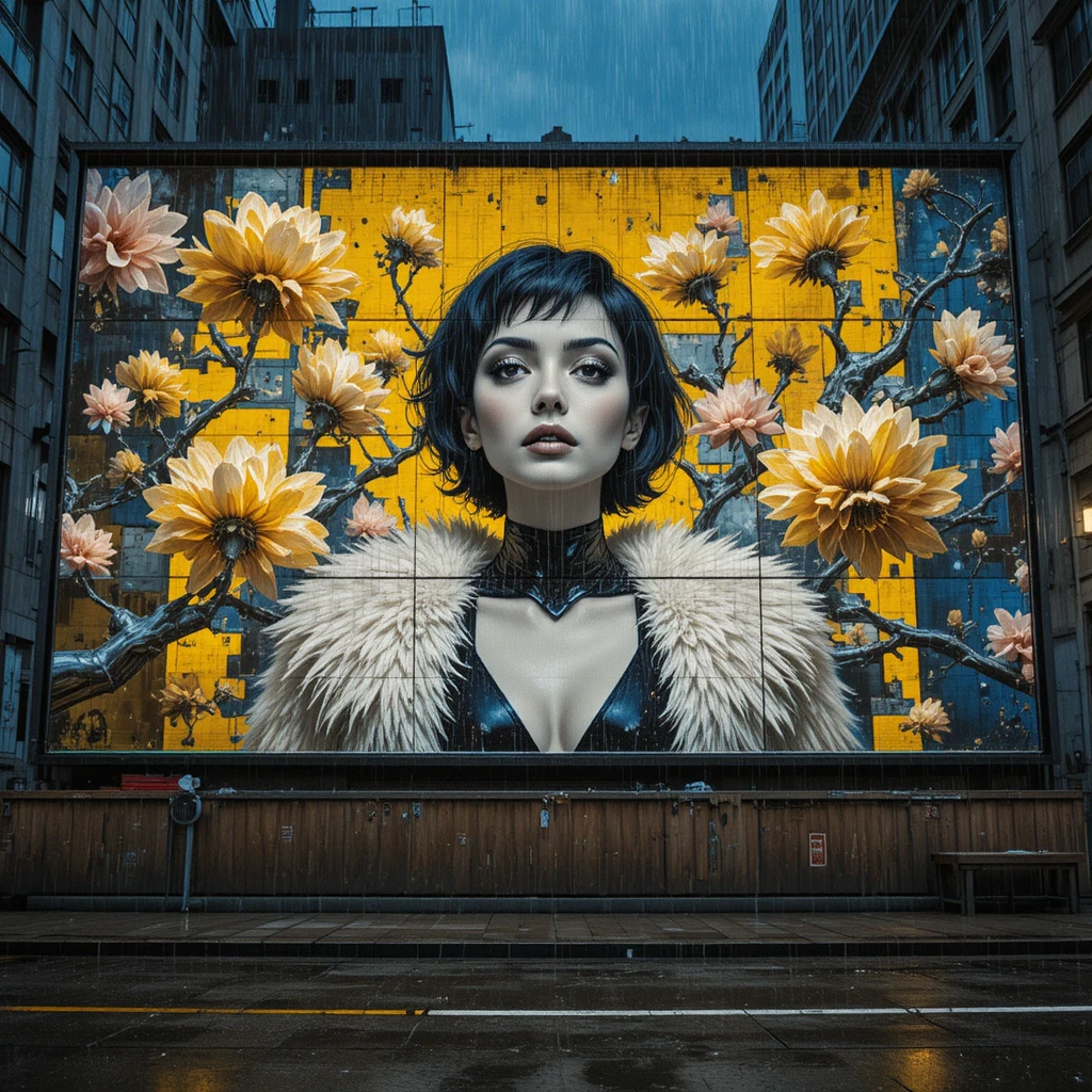Surreal fashion muse on retro glam billboard in rain soaked city