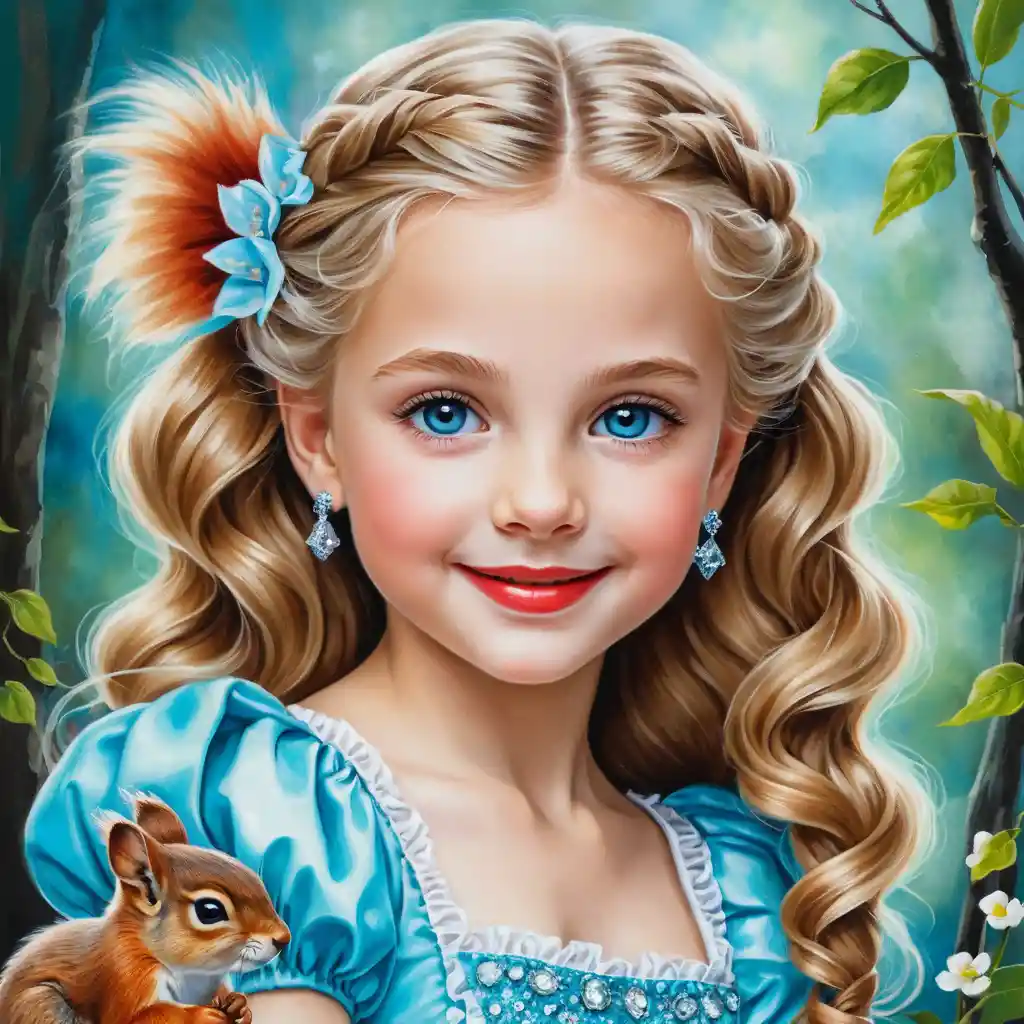 Bambina bionda sorridente in abito acqua con scoiattolo
