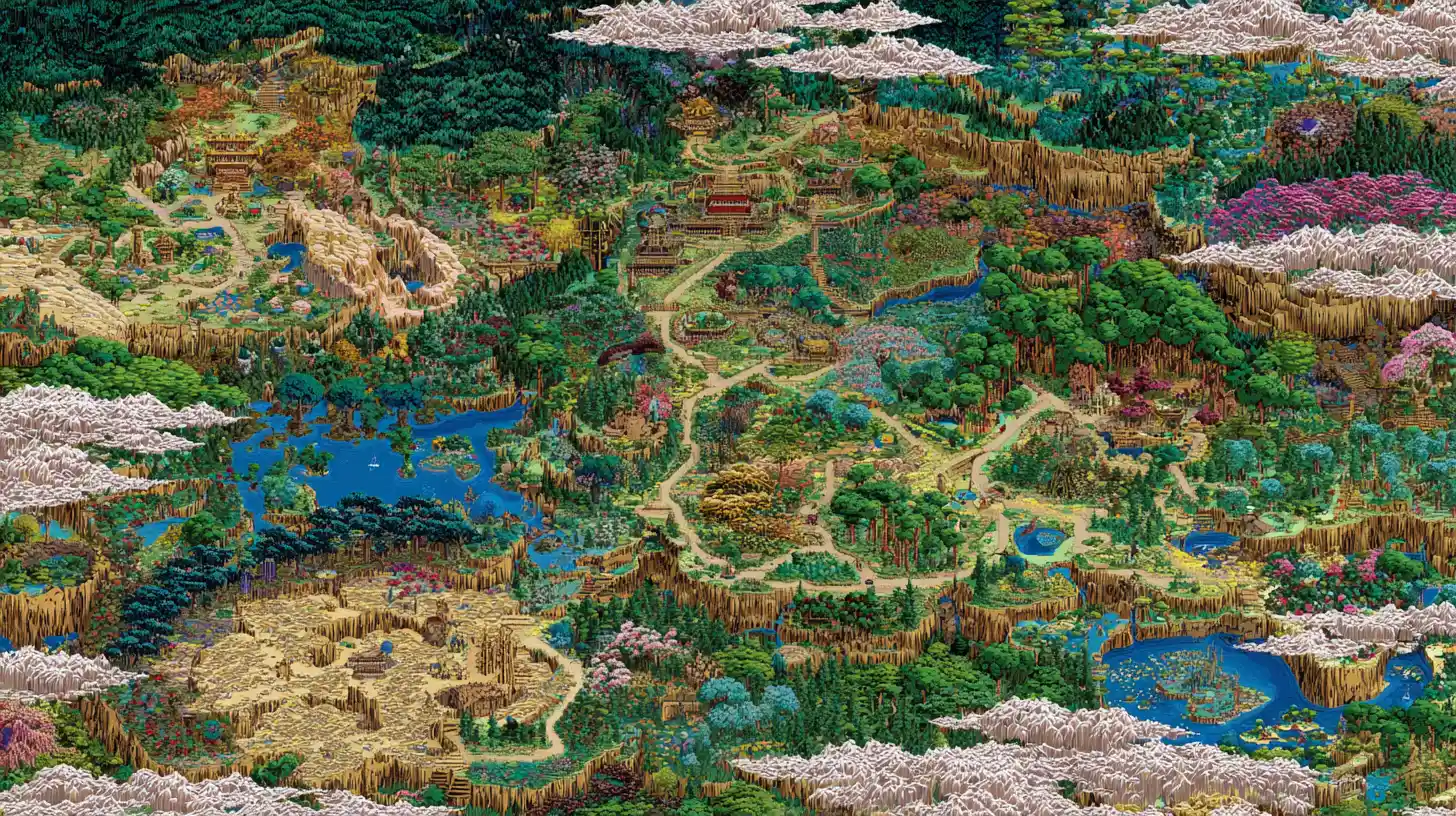 Colorful fantasy map of an imaginary Japanese newspaper world