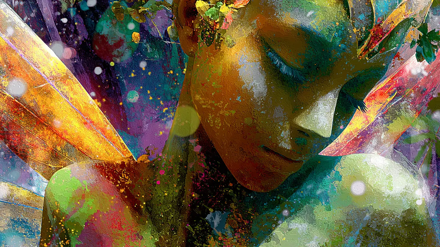 Cyborg fairy woman walking through a strange colorful garden