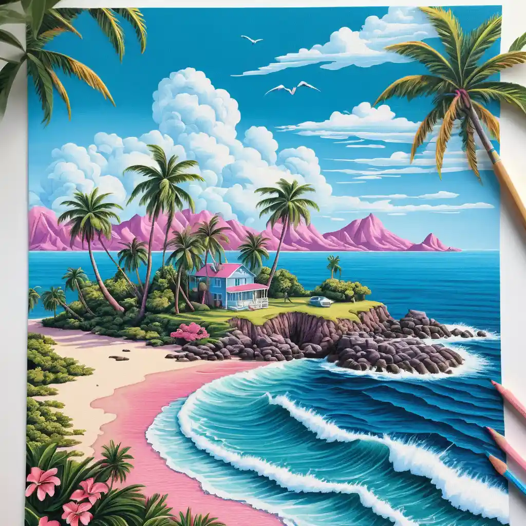 Tropical island surrounded by waves under a bright summer sky
