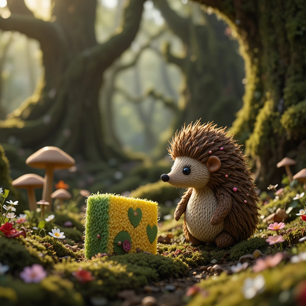Knitted Hedgehog Admiring Sponge In Enchanted Forest Glow