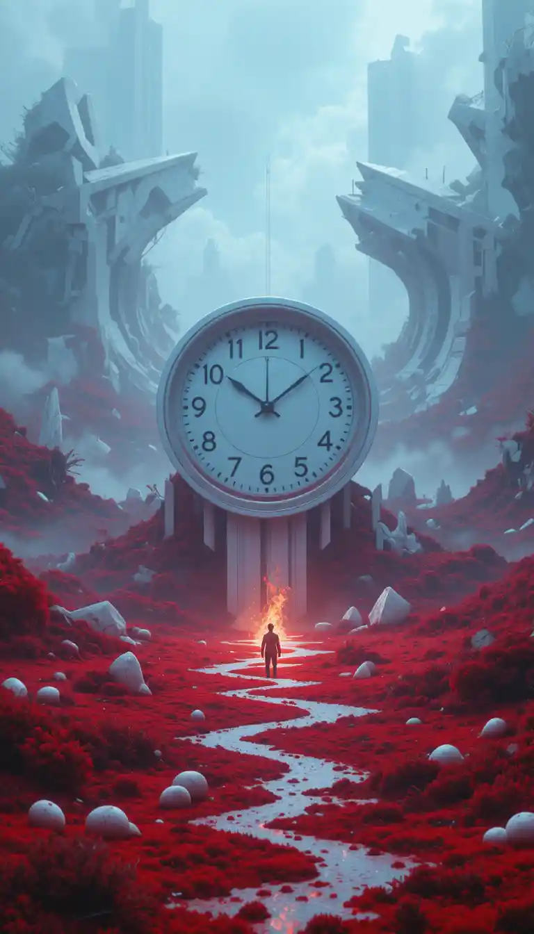 Surreal white clock above a crimson geometric dreamscape