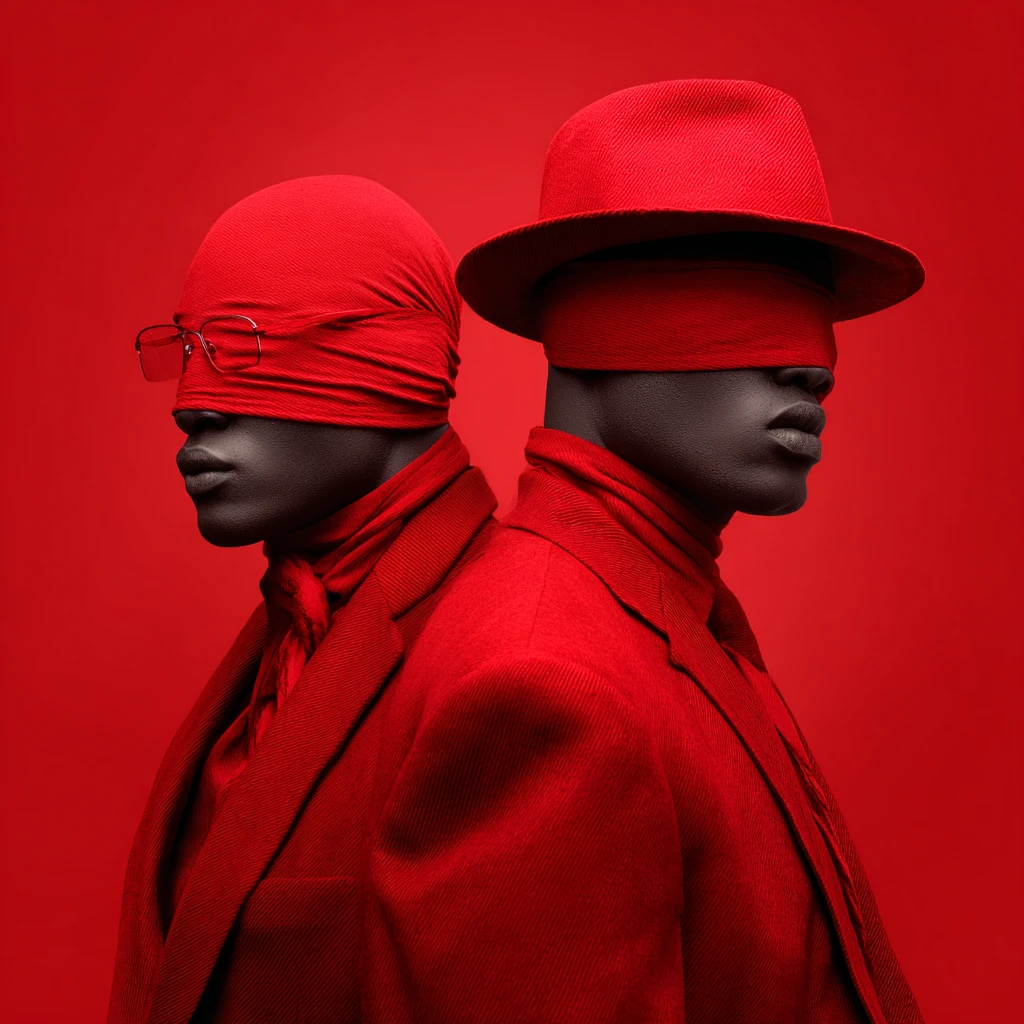 Two masked gangsters in red against bold red background