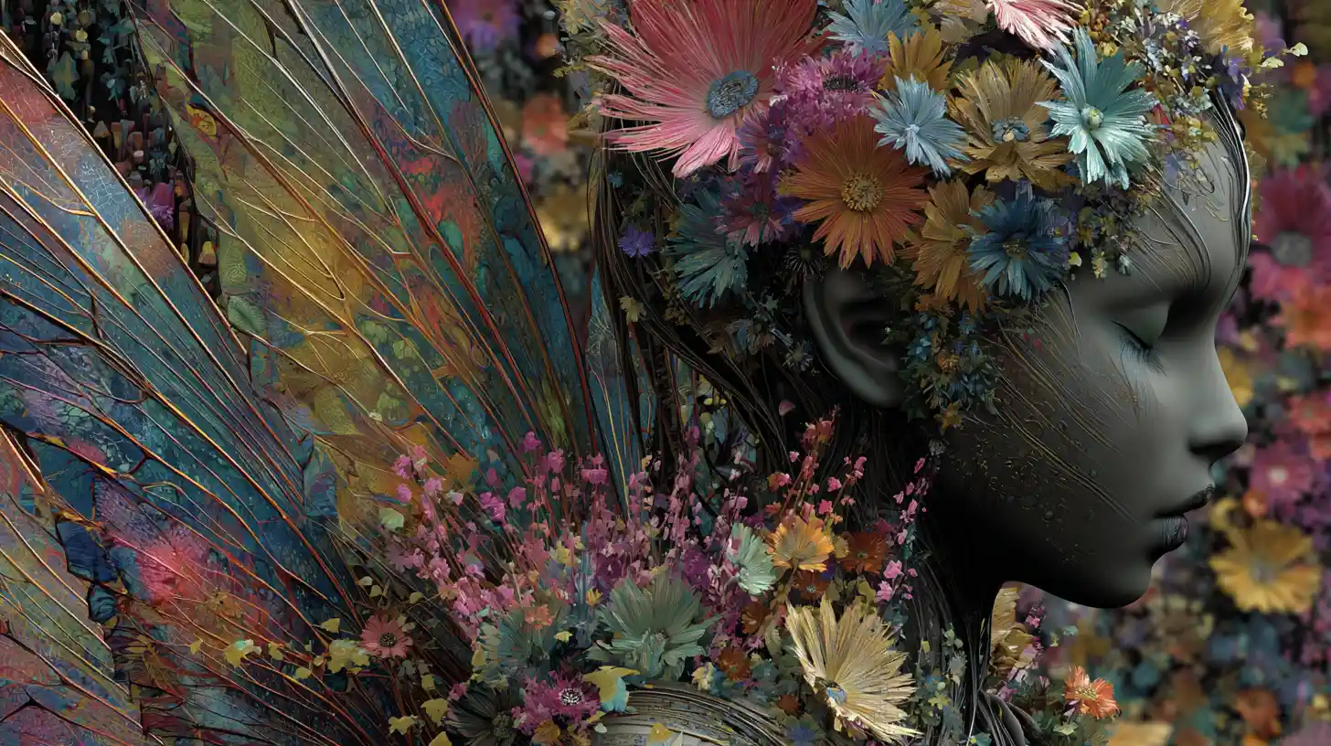 Abstract cyborg fairy woman walking through a colorful garden