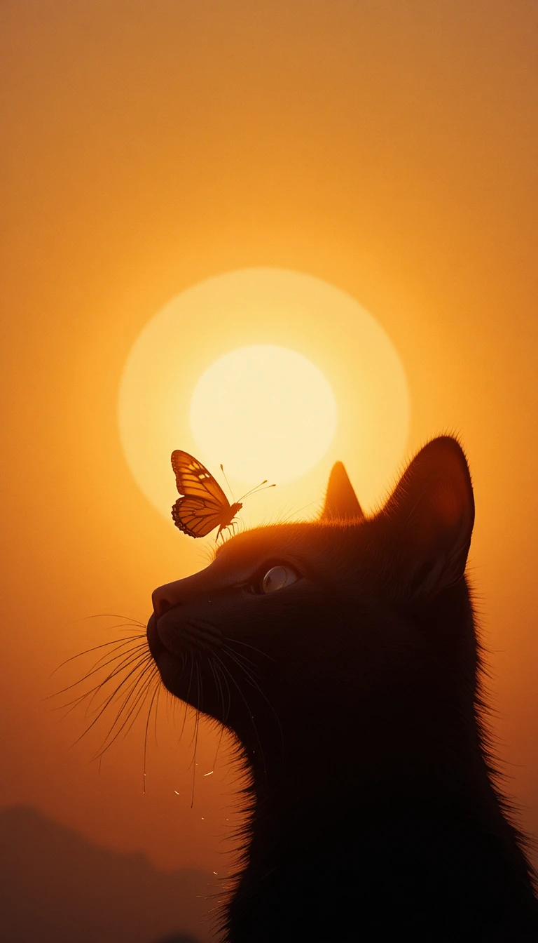 Black cat silhouette with butterfly at glowing sunset