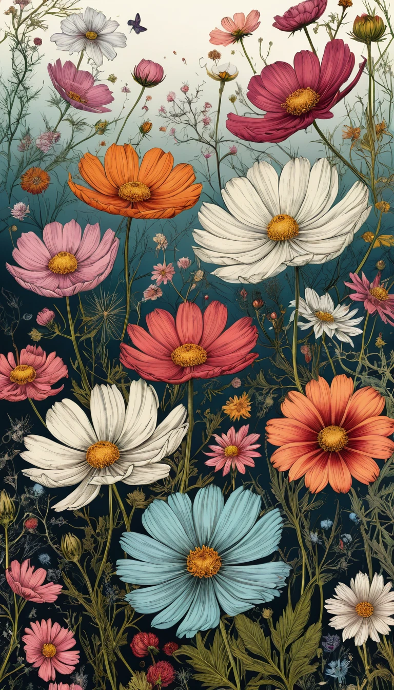 Colorful vector cosmos flowers in abstract graphic flyer design