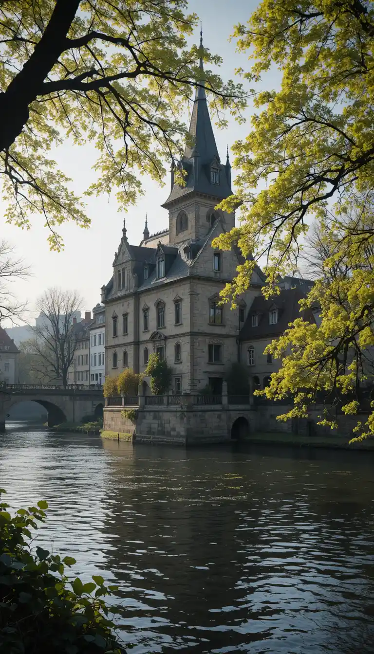 Historic riverside building in early spring Frankfurt scene