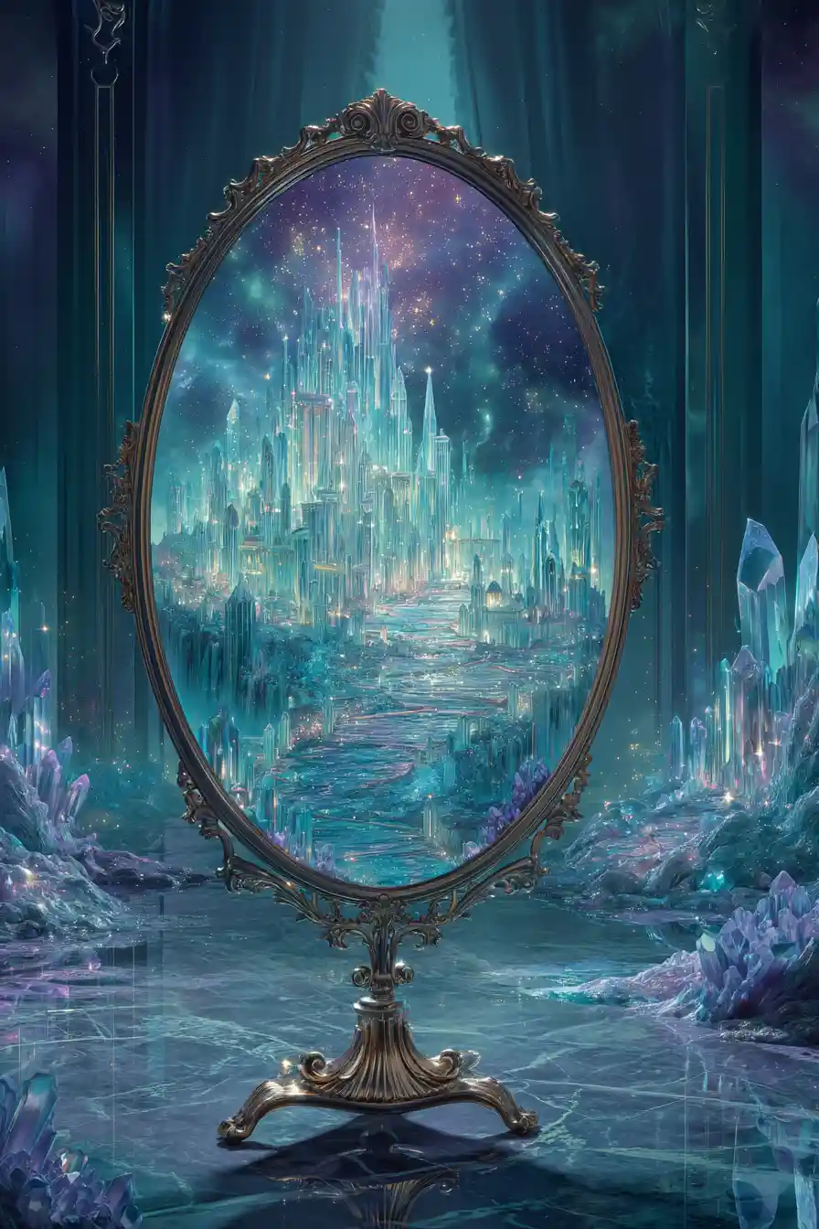 Surrealer Spiegel enthüllt eine leuchtende kristallene Fantasiestadt