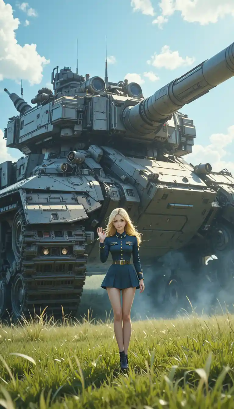 Futuristic anime tank with woman leaning in sunny field