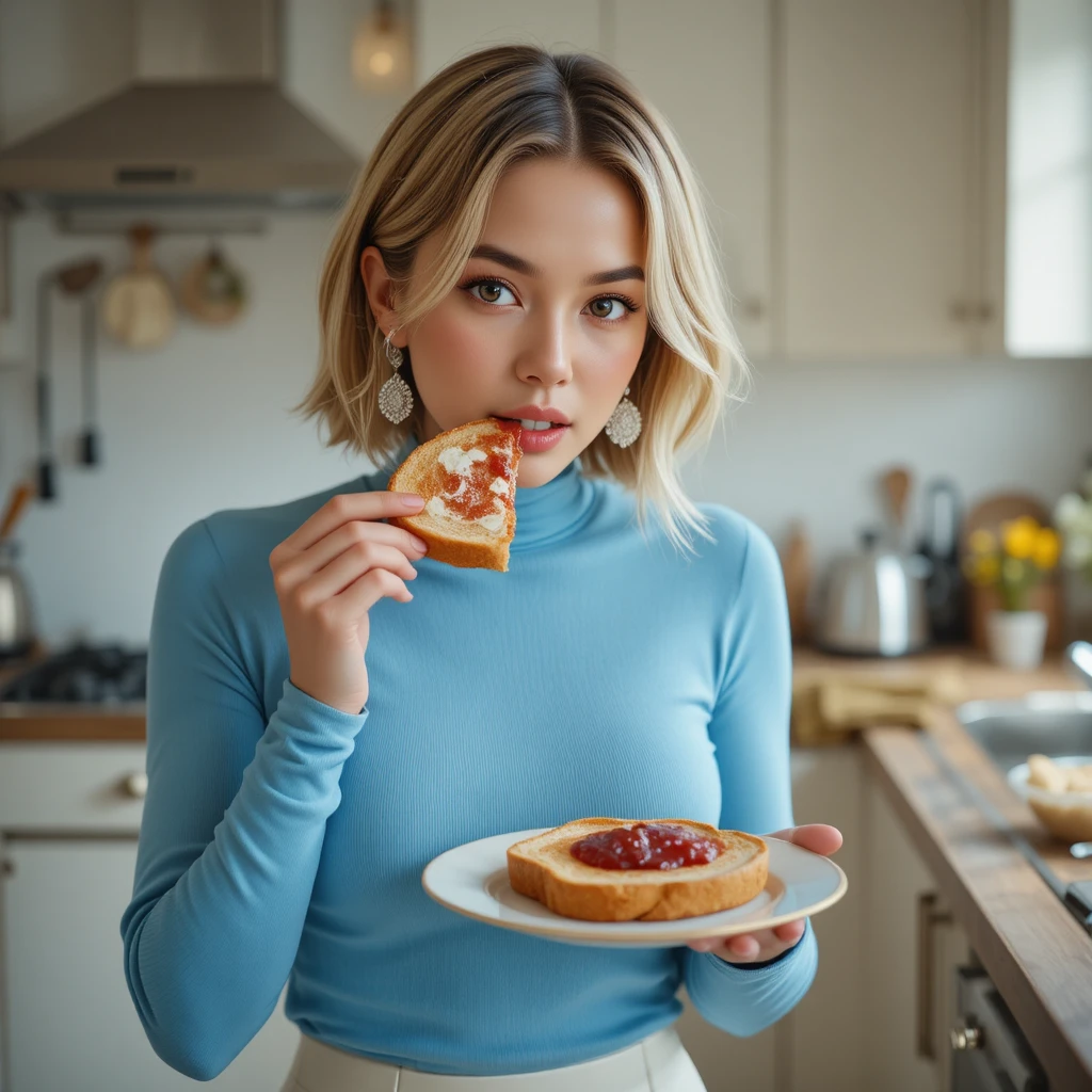 Woman eating toast with jam in a modern kitchen