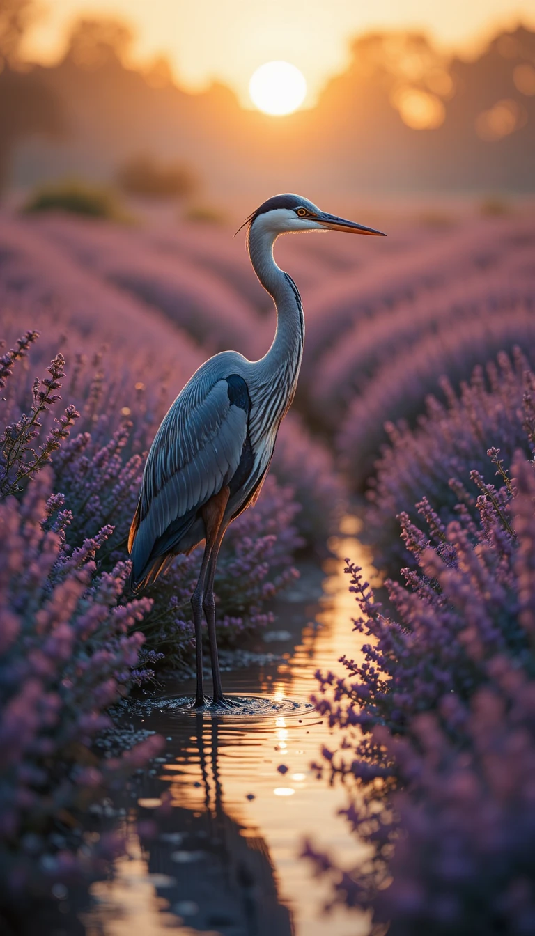 Great blue heron in lavender stream at golden dusk