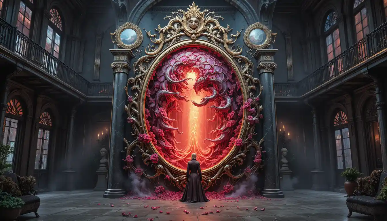 Surreal phoenix of gears in a luxurious sci fi living room