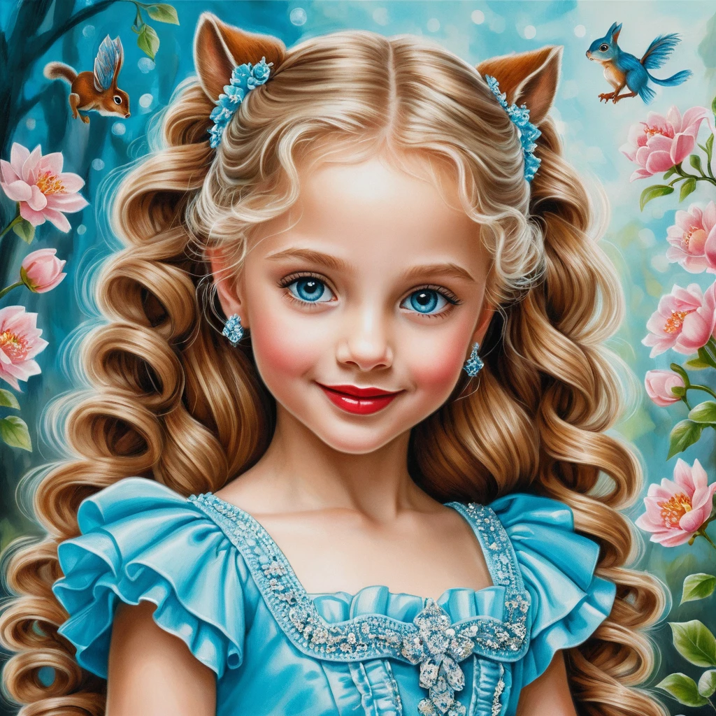 Smiling blonde girl in aqua dress with little squirrel