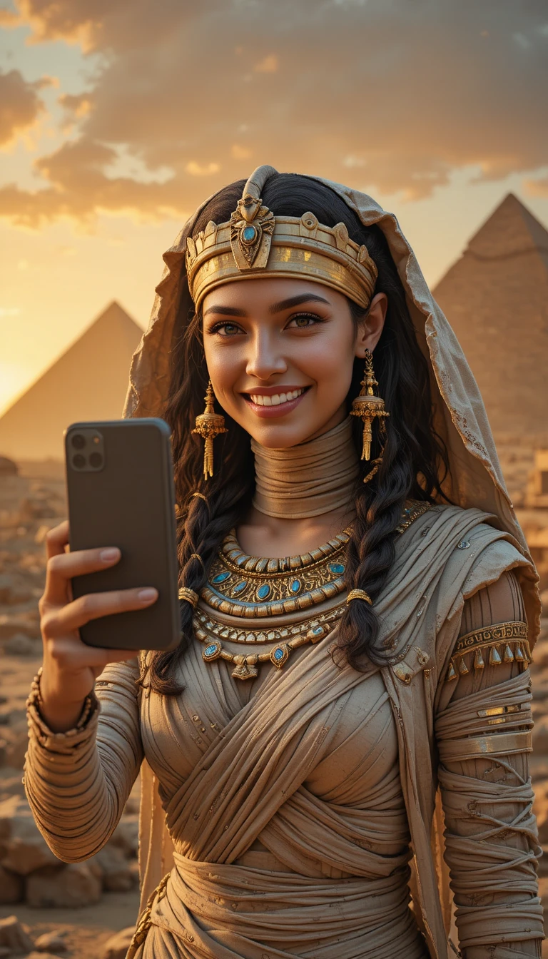 Mummified queen taking a playful selfie by the ancient sphinx